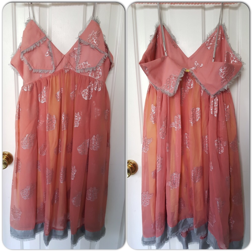 Anthropologie Coral Pink Silver-Trim Floral Midi Dress